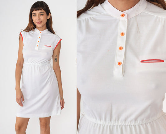 70s White Mini Dress Cap Sleeve Button Front Orange Ringer Trim Small