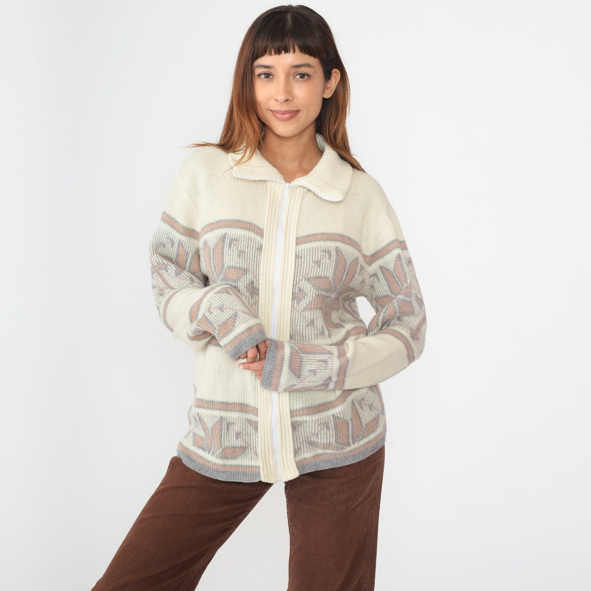80s Nordic Snowflake Zip Cardigan Cream Fair Isle Knit Medium