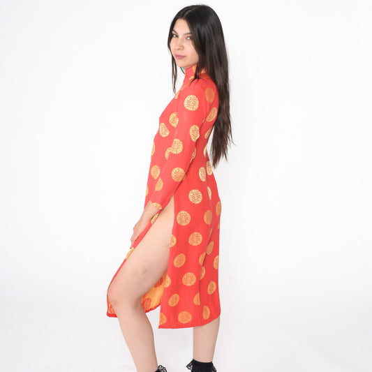 Y2K Ao Dai Dress Red Gold Medallion Print Mandarin Collar Midi Extra Small
