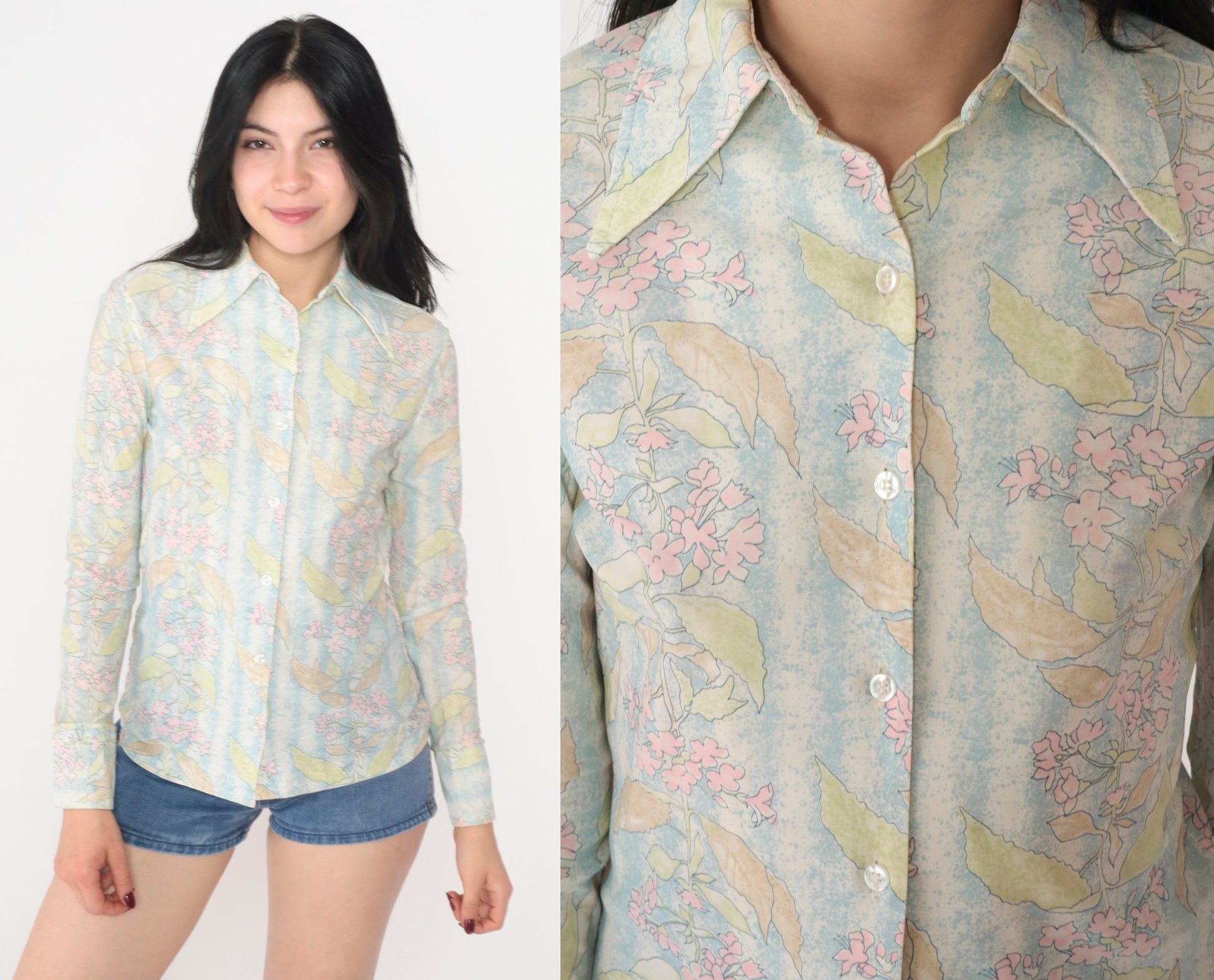 70s Floral Print Dagger Collar Blouse Long Sleeve Button Up Blue White Small