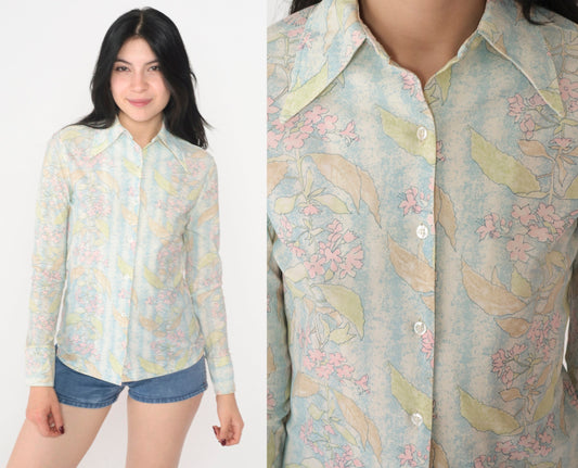 70s Floral Print Dagger Collar Blouse Long Sleeve Button Up Blue White Small
