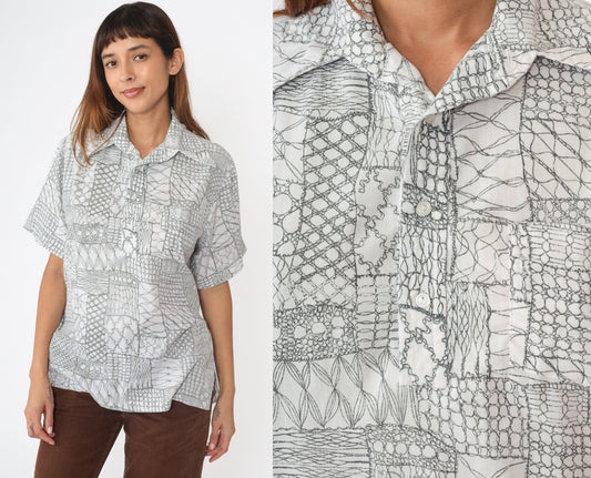 70s Andrade Geometric Polo Shirt Dagger Collar White Black Medium