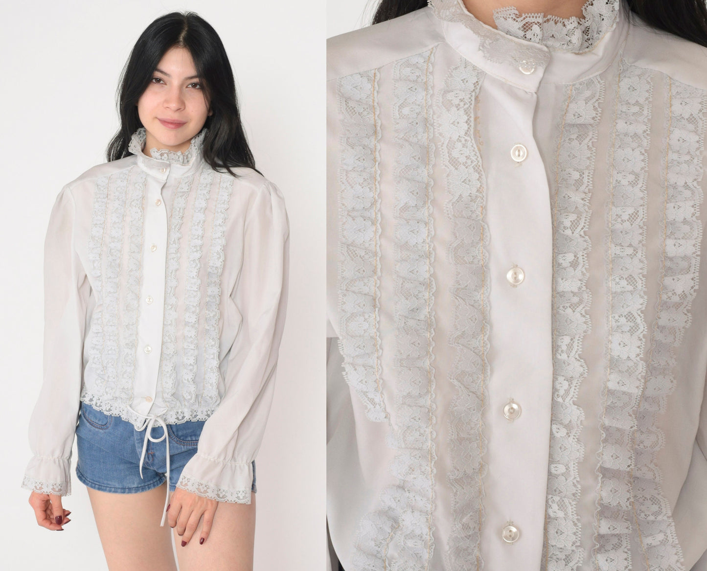 70s Off-White Lace Trim Puff Sleeve Button-Up Blouse High Neck Medium M