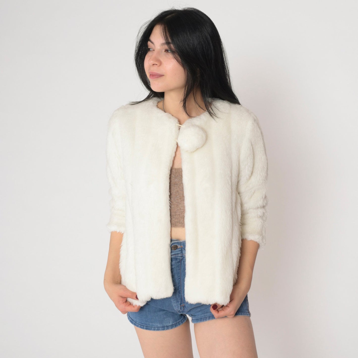 90s Off-White Faux Fur Jacket Open Front Tie Neck Pom Pom Extra Small