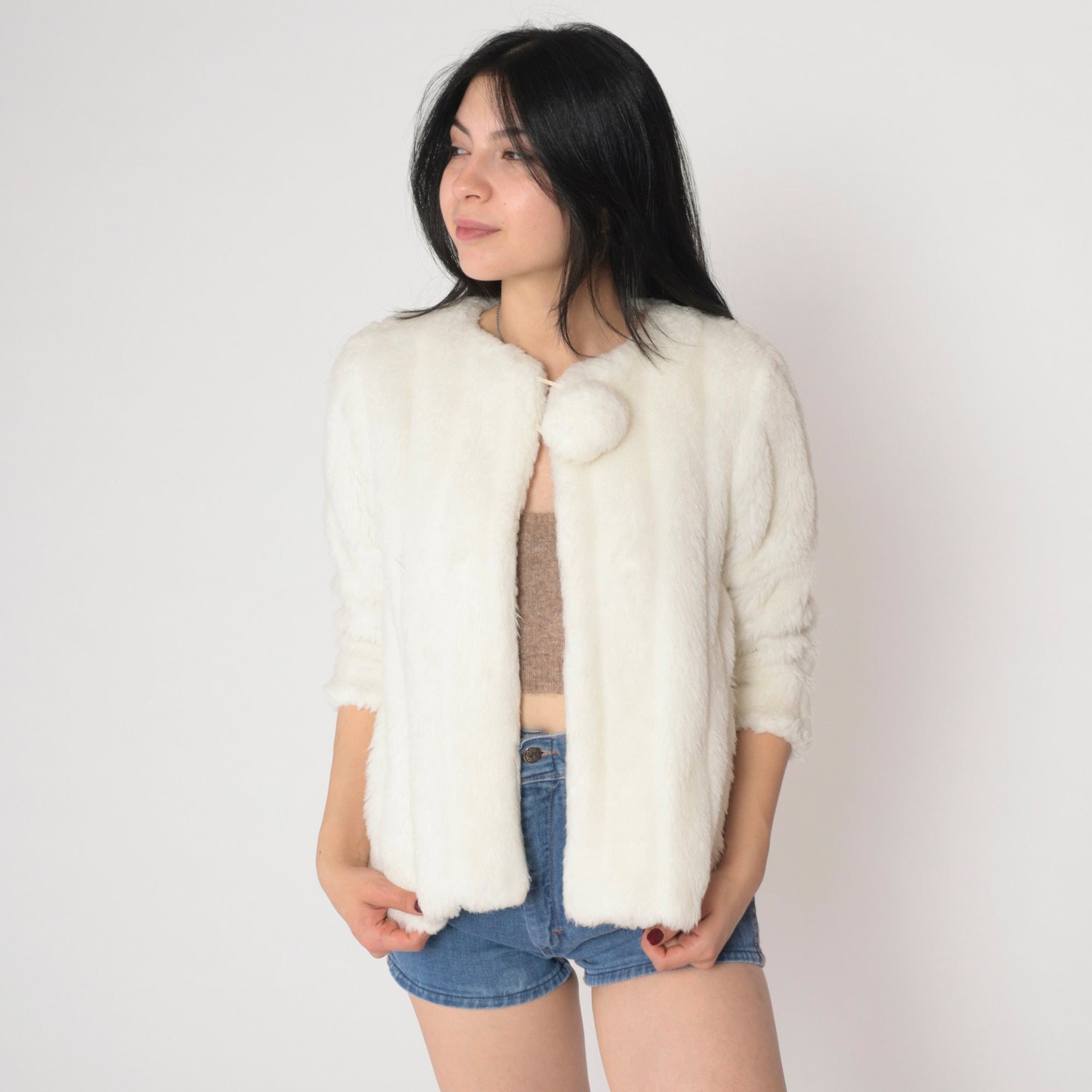 90s Off-White Faux Fur Jacket Open Front Tie Neck Pom Pom Extra Small