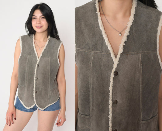 80s Grey Suede Vest Faux Shearling Lined Snap Front Sleeveless Medium