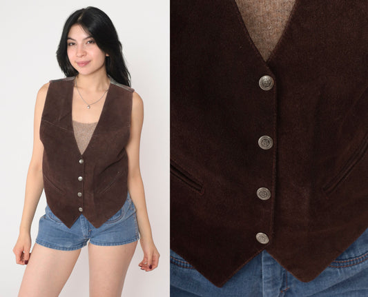 90s Brown Suede Leather Vest Plaid Back Snap Front Medium M