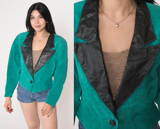 90s Teal Suede Blazer Black Leather Collar Single Button Medium M