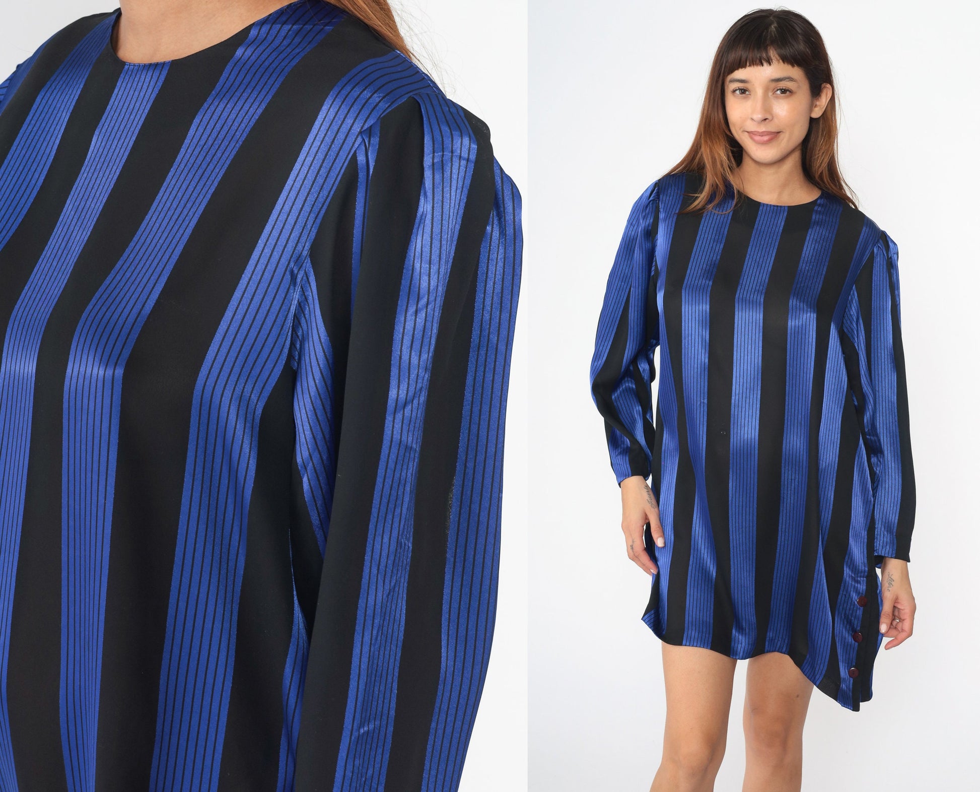 80s Shiny Blue Black Striped Shift Dress Puff Sleeve Side Buttons Large
