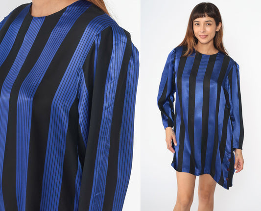 80s Shiny Blue Black Striped Shift Dress Puff Sleeve Side Buttons Large