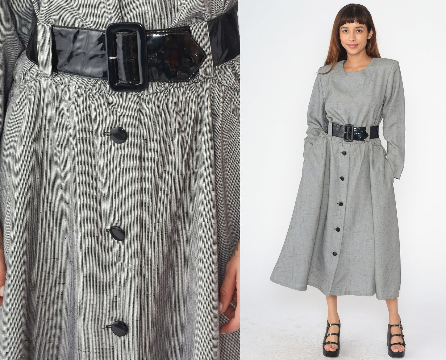 90s Black White Checkered Midi Dress High Waist Long Sleeve Button Front Large