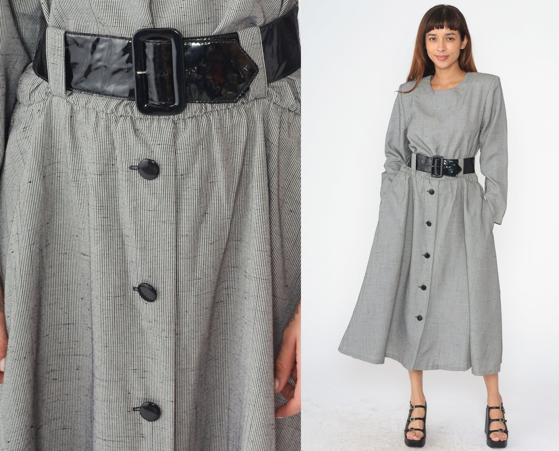 90s Black White Checkered Midi Dress High Waist Long Sleeve Button Front Large