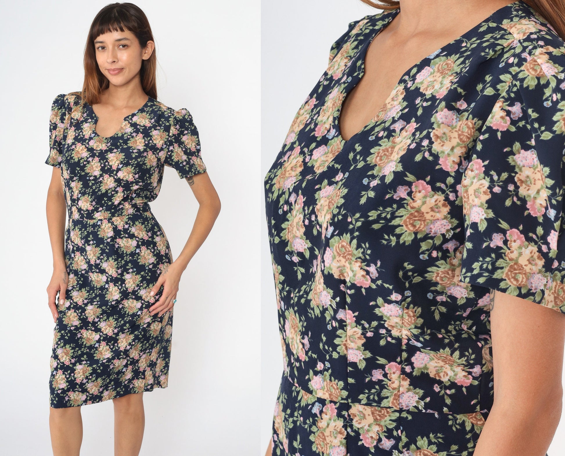 80s Navy Floral Puff Sleeve Dress U-Neck Sheath Midi Medium 8