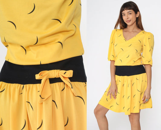 80s Yellow Black Abstract Line Print Mini Dress Tie Waist Small