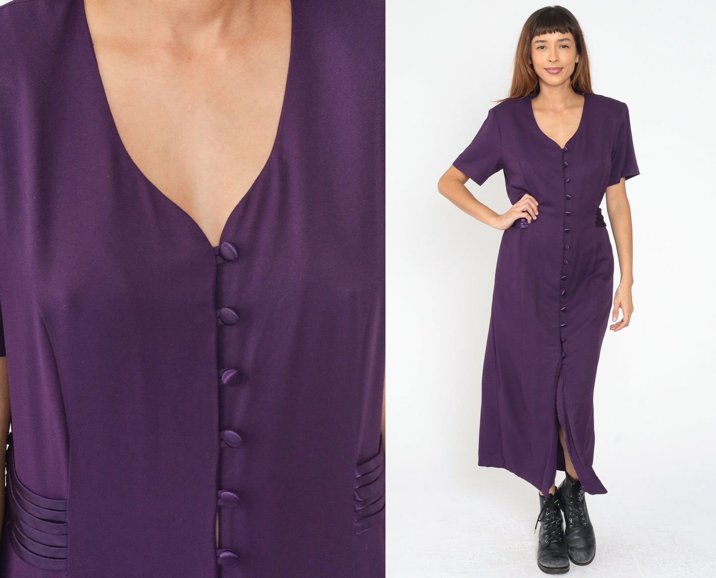 90s Dark Purple Maxi Shirtdress Button Front V Neck Princess Seam Large L