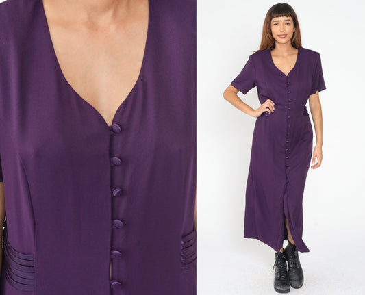 90s Dark Purple Maxi Shirtdress Button Front V Neck Princess Seam Large L