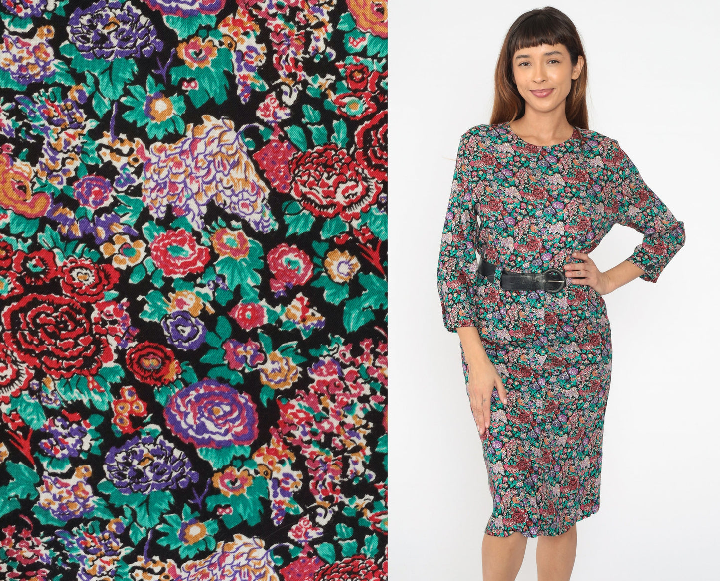 80s Katie Petites Floral Midi Dress Long Sleeve Button Back Black Belt Small