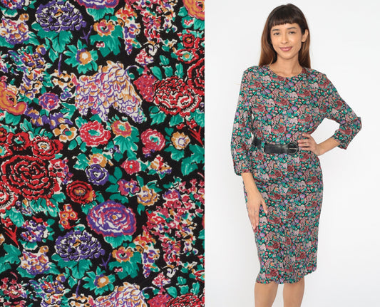 80s Katie Petites Floral Midi Dress Long Sleeve Button Back Black Belt Small