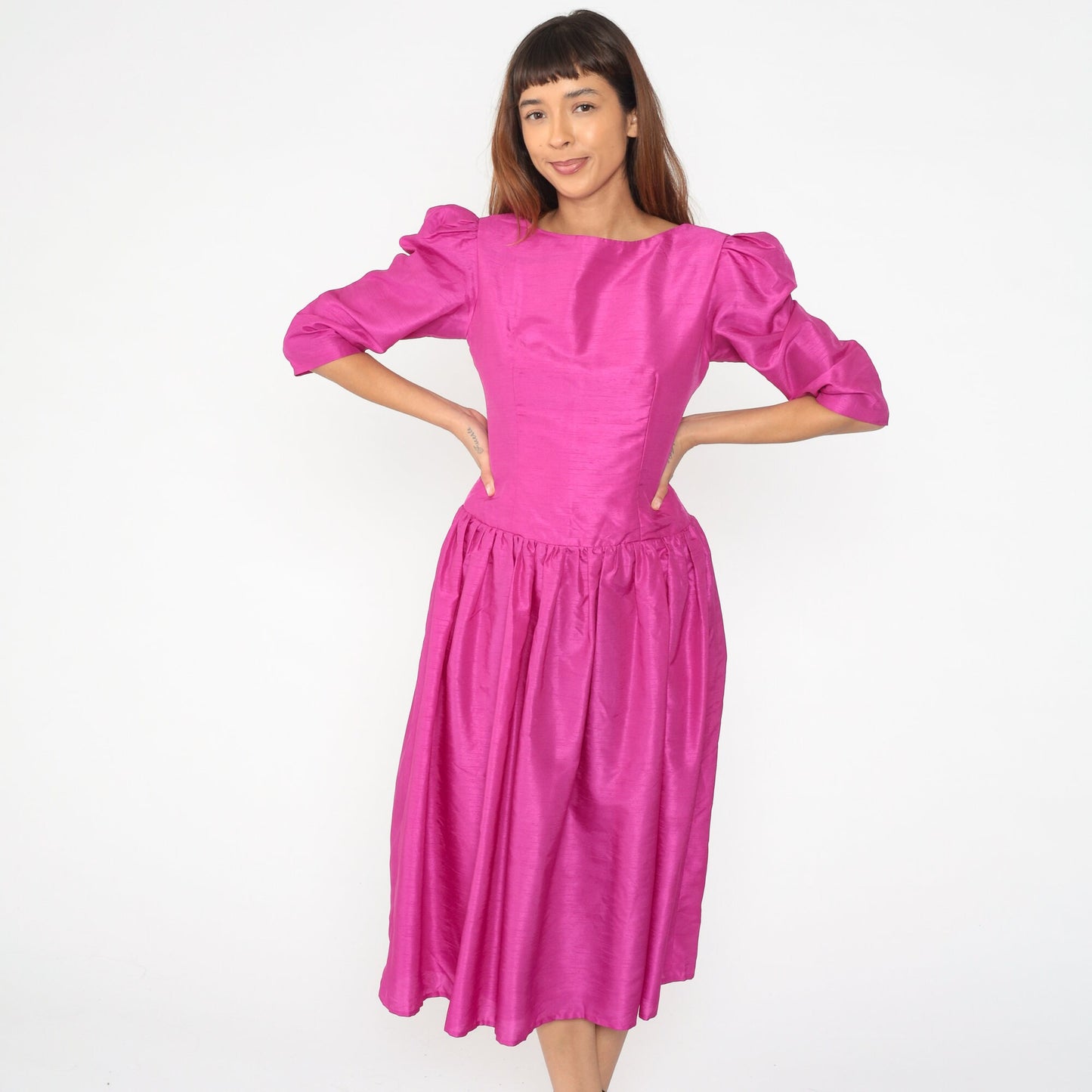 80s Fuchsia Pink Puff Sleeve Midi Dress Drop Waist Full Skirt Small