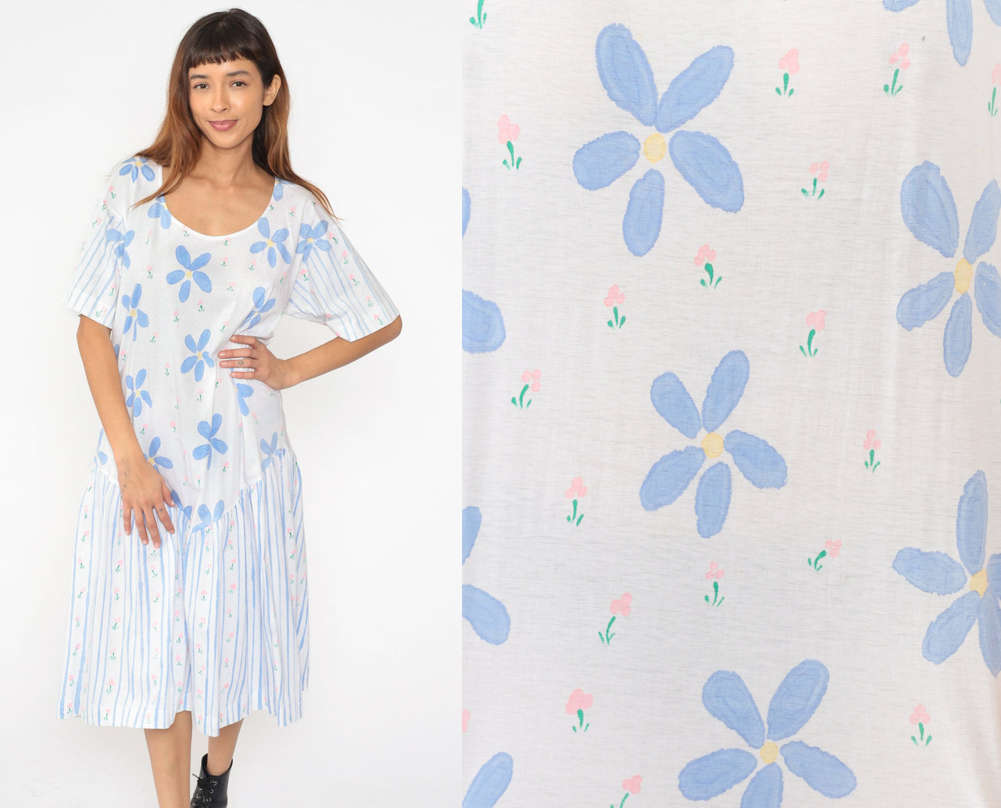 90s Periwinkle Floral Striped Midi Dress Shift Waist Short Sleeve Medium Large