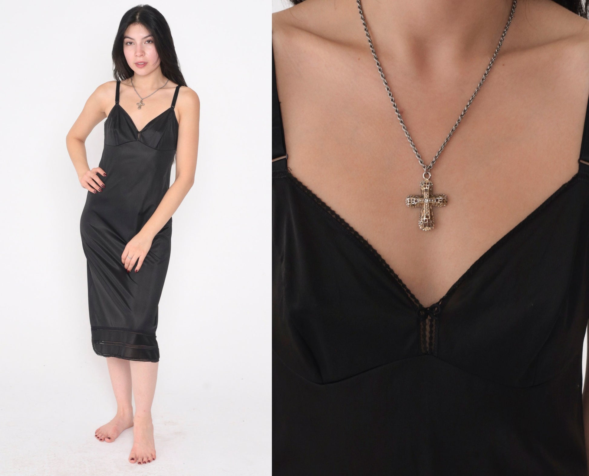 80s Black Nylon Slip Dress Empire Waist Midi Spaghetti Strap Small
