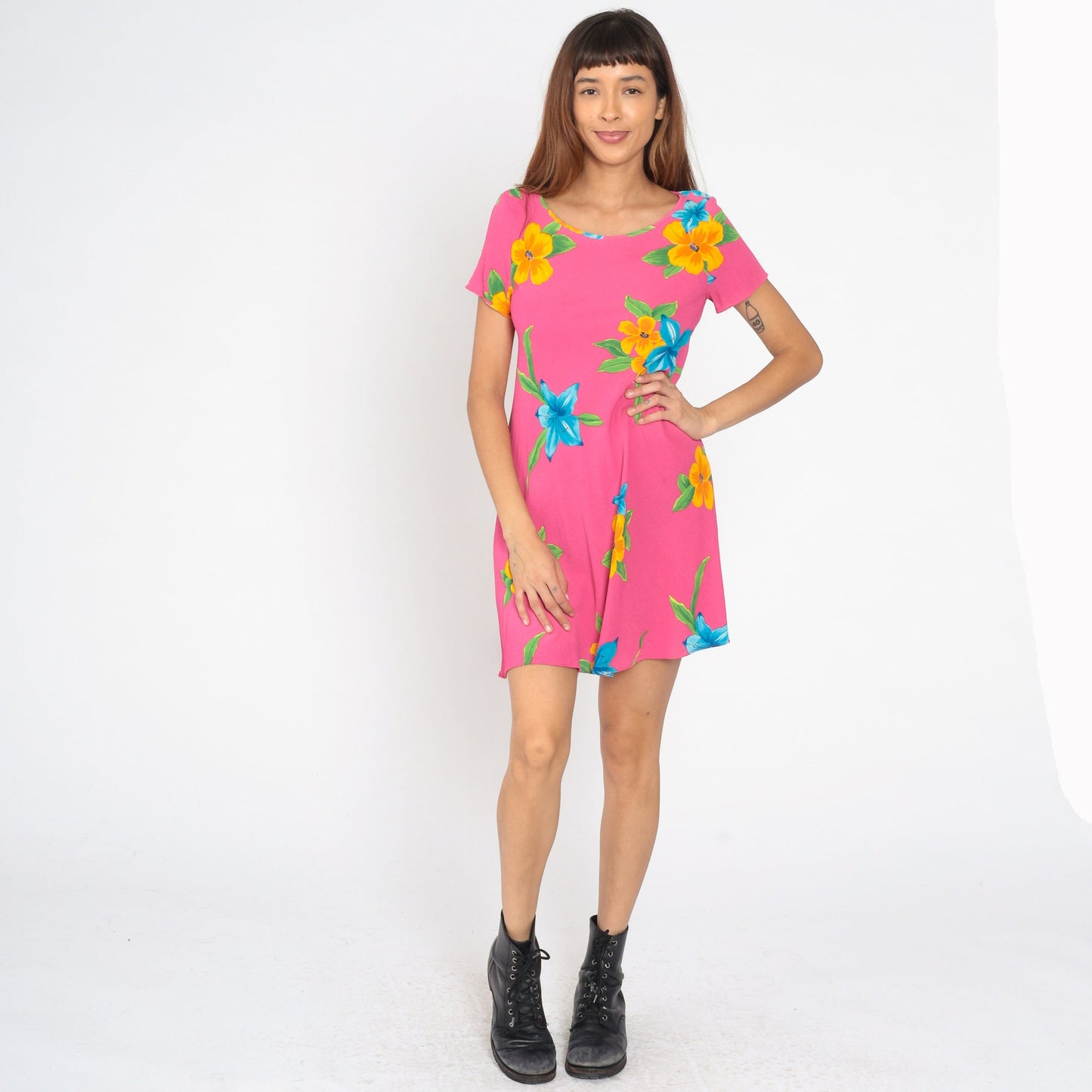 90s Casual Corner Floral Mini Dress Pink Tropical Flower Print Small S