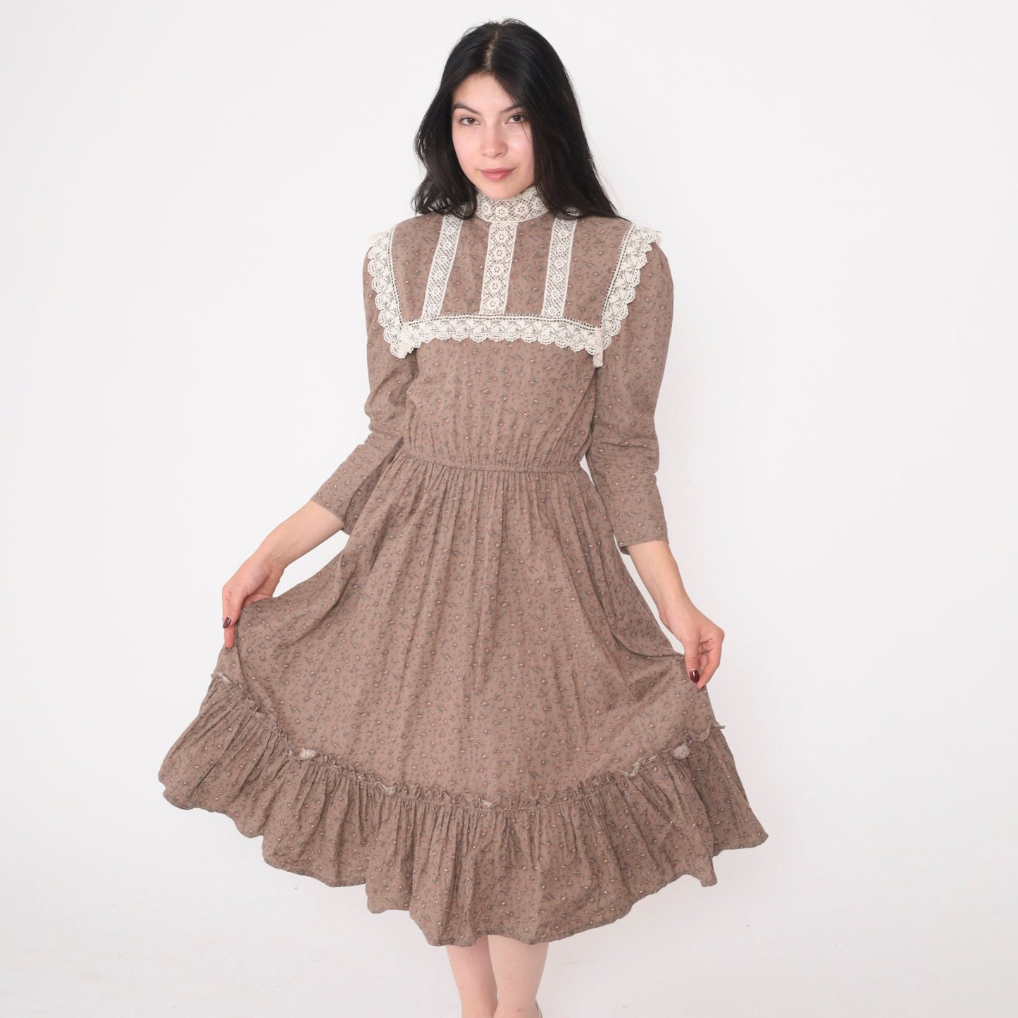 70s Jessica McClintock Floral Prairie Midi Dress Cocoa Brown Lace Bib Extra Small