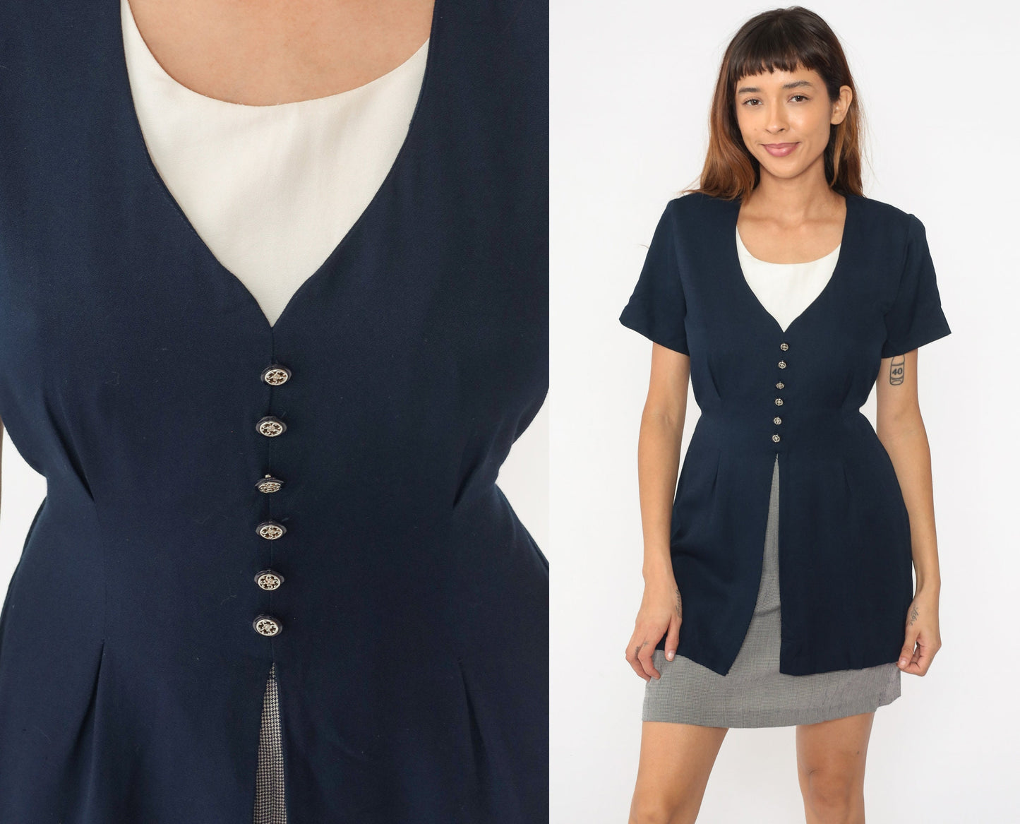 90s Navy Checkered Mini Dress with Attached Jacket Short Sleeve Medium
