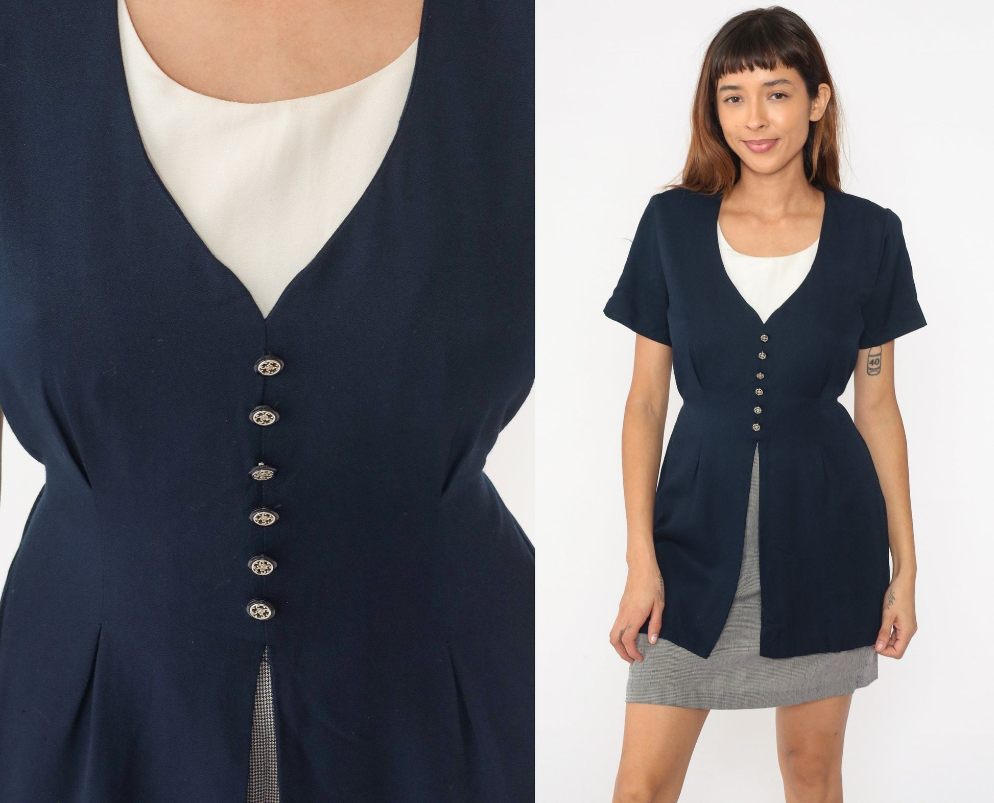 90s Navy Checkered Mini Dress with Attached Jacket Short Sleeve Medium
