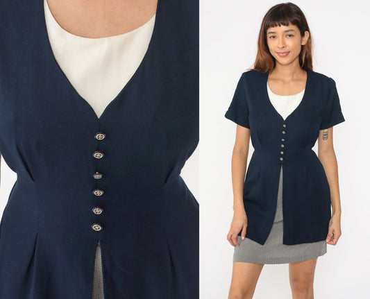 90s Navy Checkered Mini Dress with Attached Jacket Short Sleeve Medium