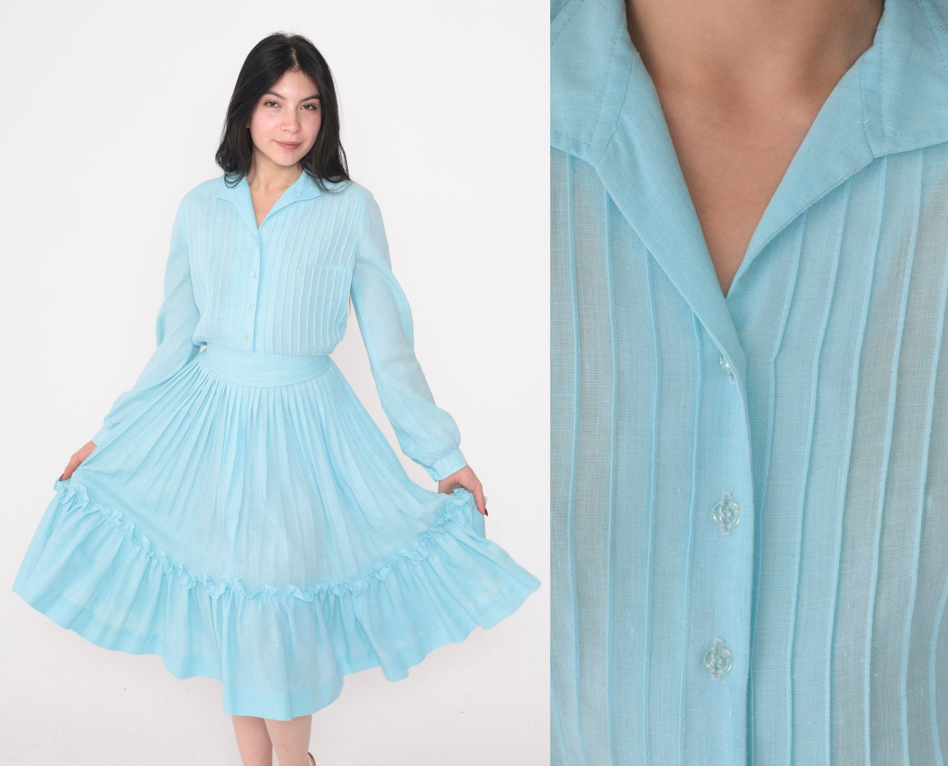 80s Neiman Marcus Blue Shirtwaist Midi Dress Puff Sleeve High Waist Small