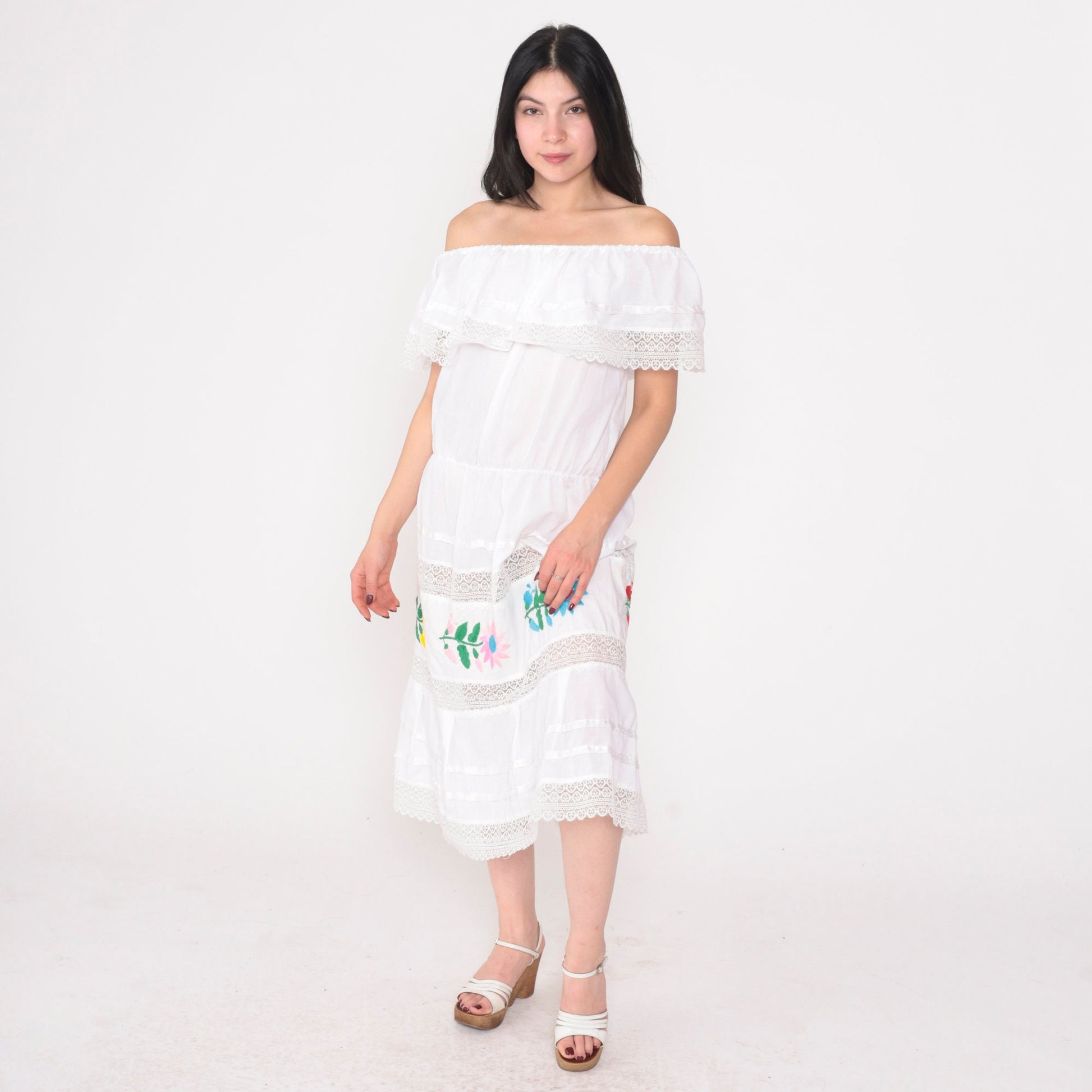 80s White Floral Embroidered Off-Shoulder Midi Dress Tiered Skirt Medium Large