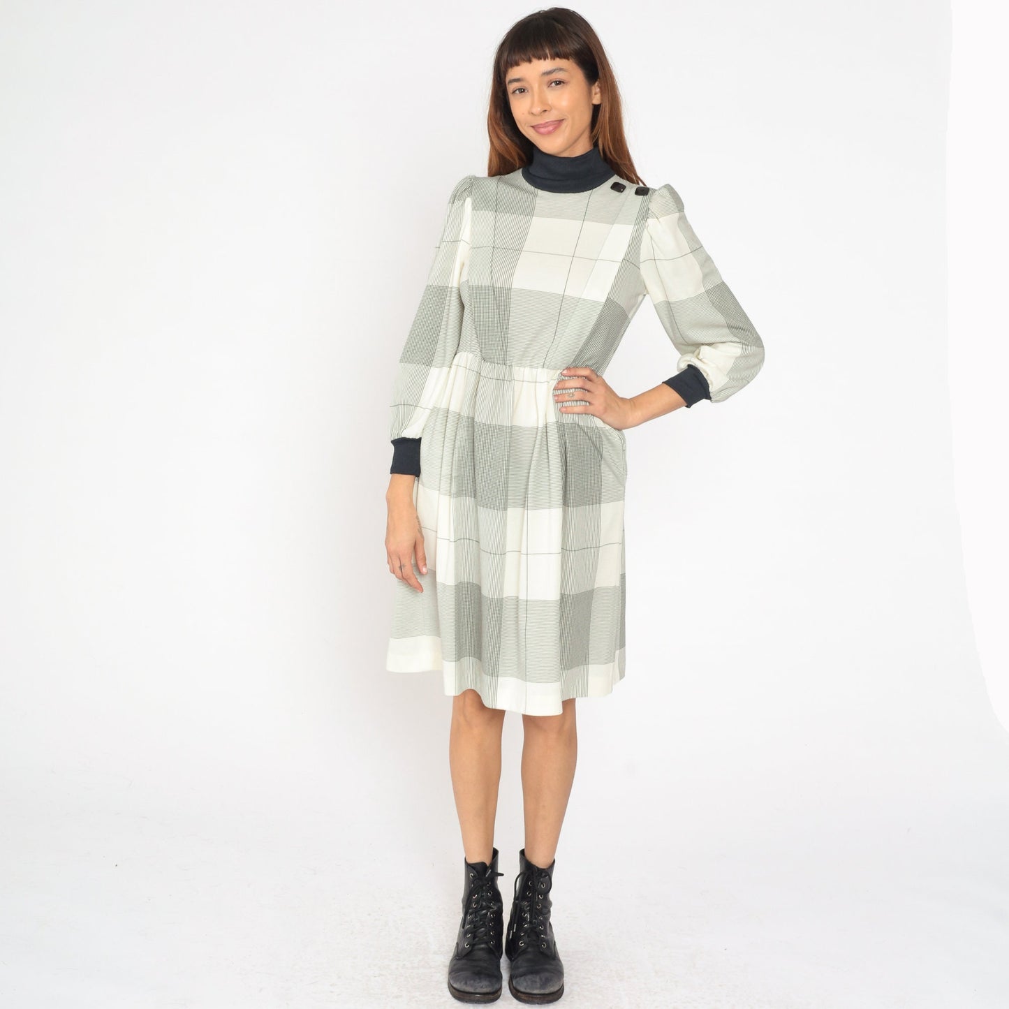 80s Cream Black Checkered Midi Dress Puff Sleeve Turtleneck Small Petite