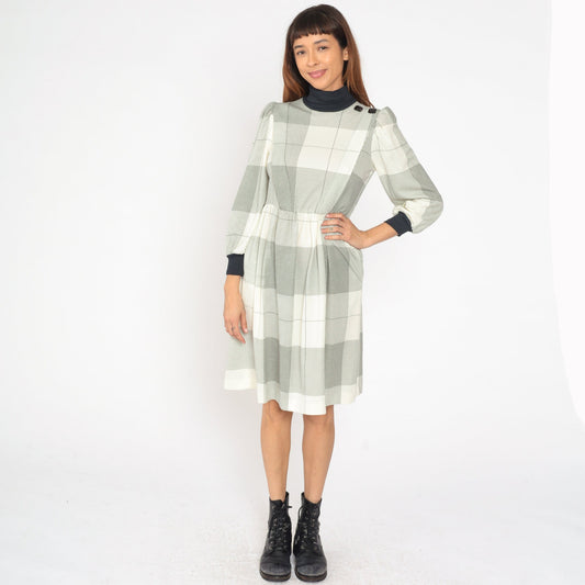 80s Cream Black Checkered Midi Dress Puff Sleeve Turtleneck Small Petite