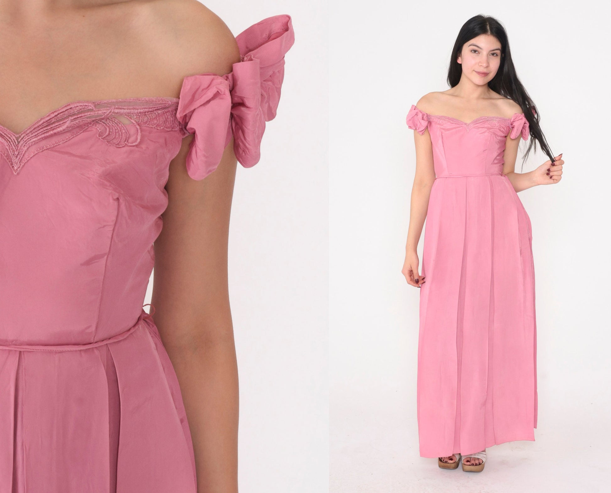 80s Pink Off-Shoulder Maxi Prom Dress Bow Sleeves Pleated Skirt Extra Small