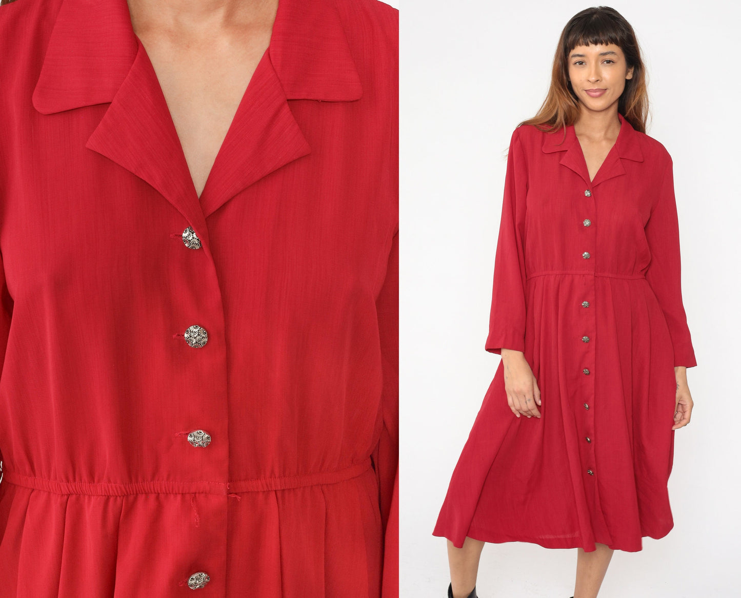 90s Leslie Fay Red Button-Up Midi Dress Elastic Waist Petite Medium