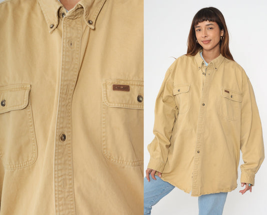90s Carhartt Cotton Work Shirt Beige Button-Up Long Sleeve 2XL