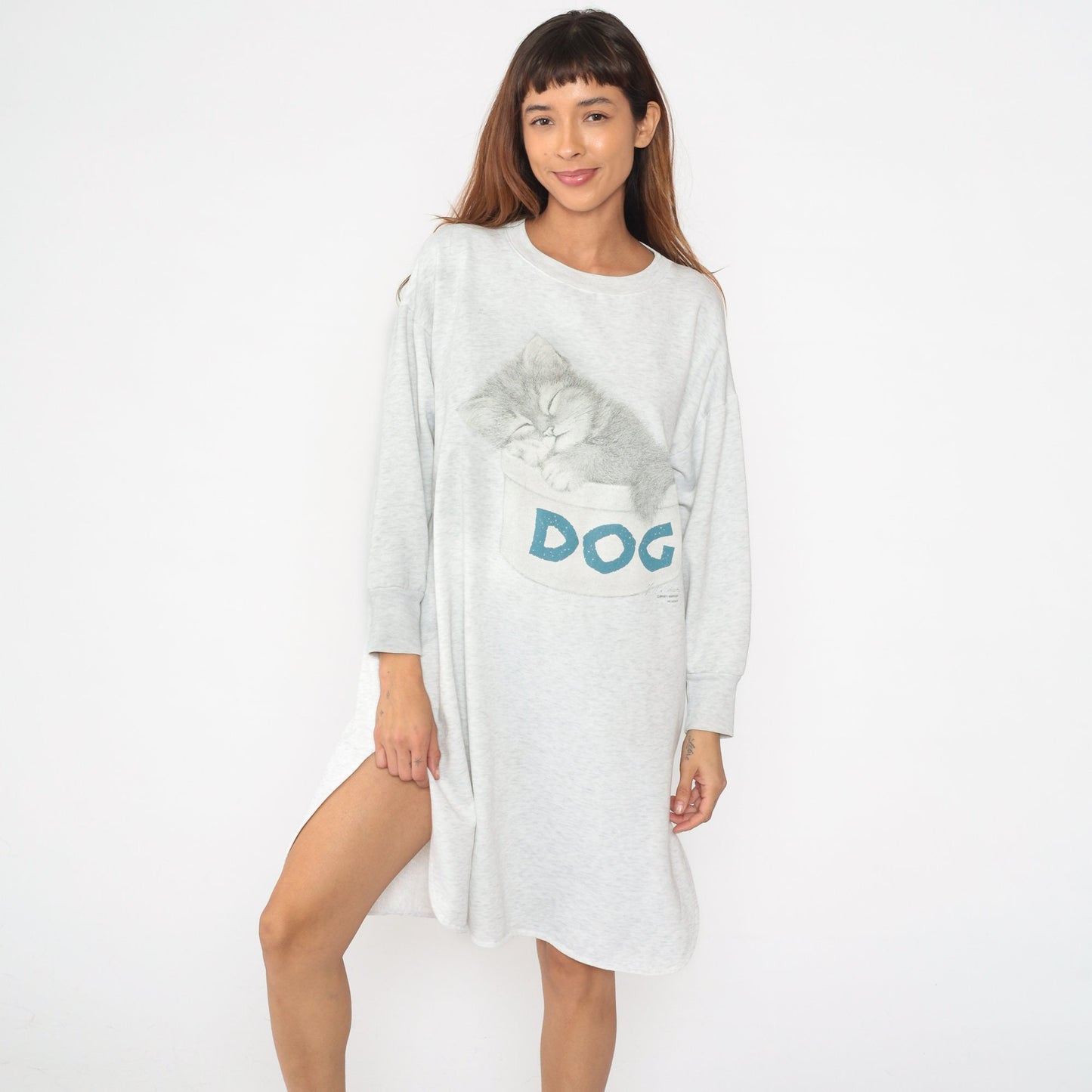 90s Kitten Pajama Dress Sweatshirt Nightgown Cat Graphic Grey Medium
