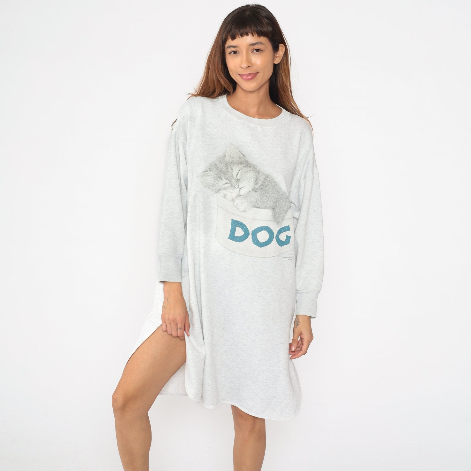 90s Kitten Pajama Dress Sweatshirt Nightgown Cat Graphic Grey Medium