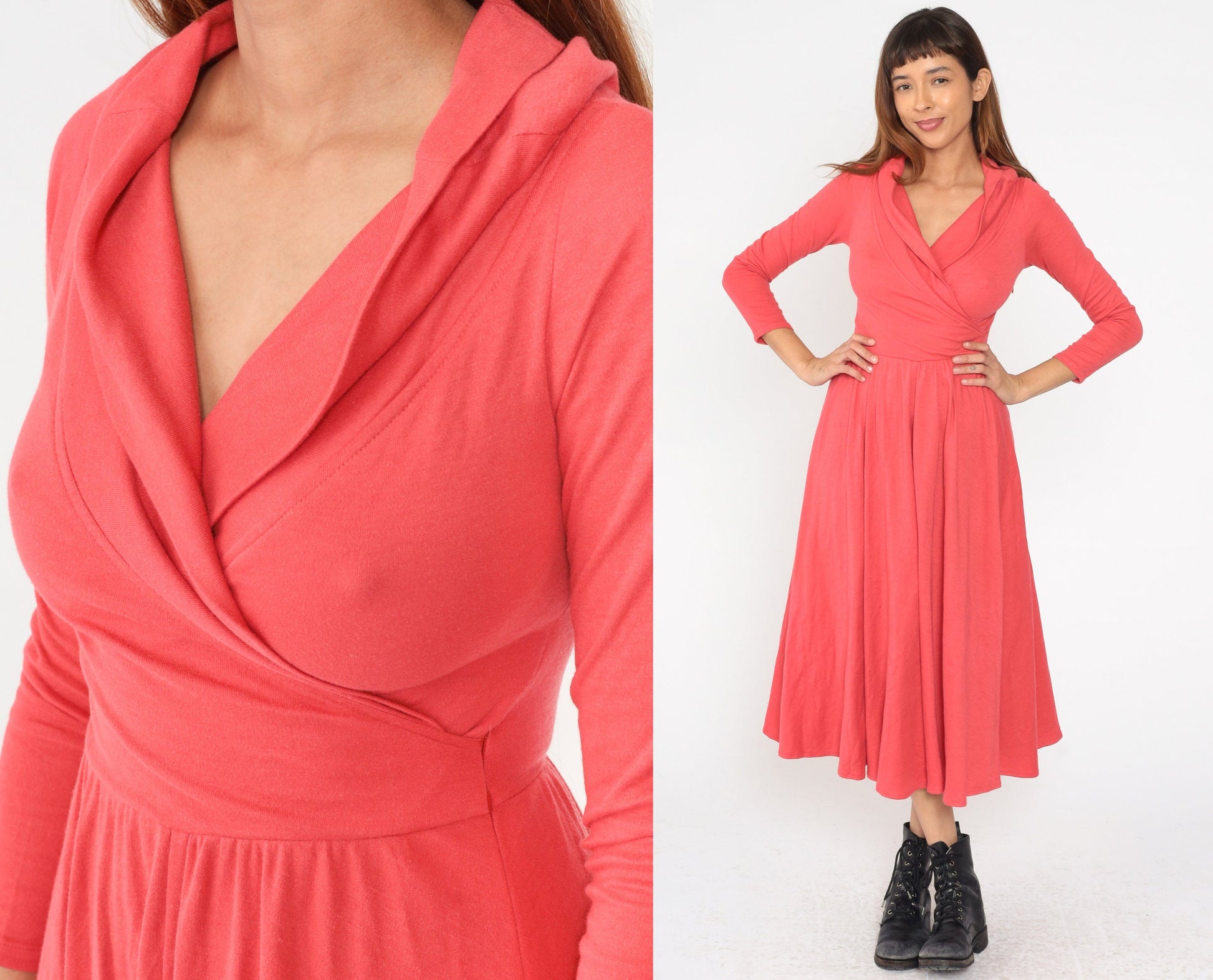 90s Coral Wrap Midi Dress Deep V Neck Long Sleeve High Waist Small S