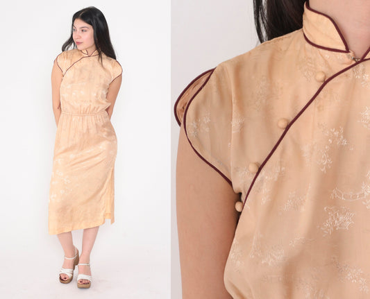 80s Peach Cheongsam Midi Dress Mandarin Collar Pagoda Print Small