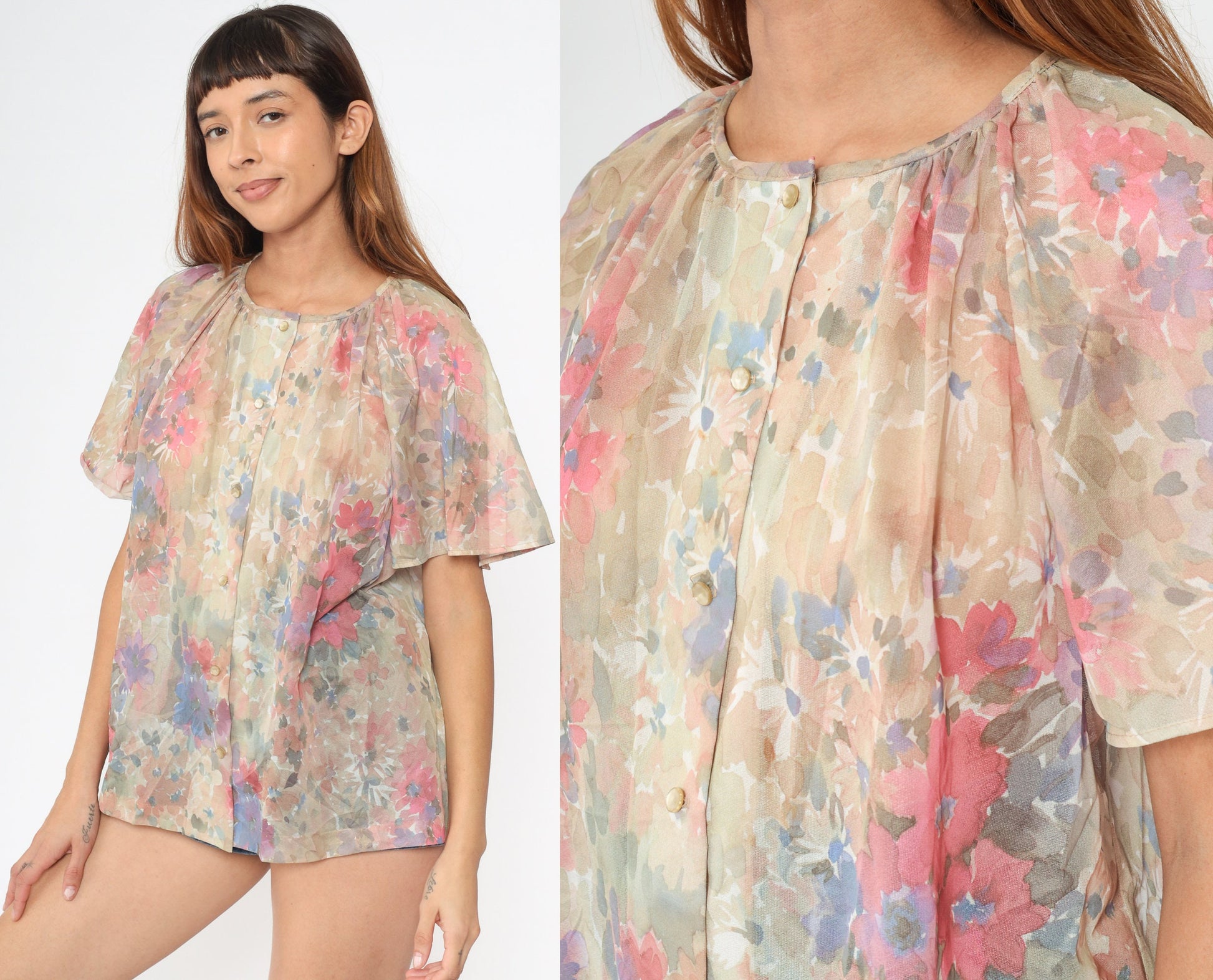 70s Watercolor Floral Button-Up Blouse Short Flutter Sleeve Pink Tan White Medium Large