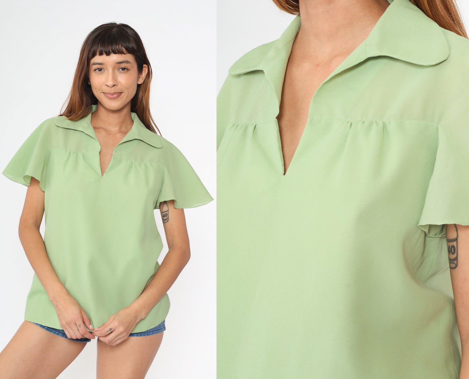 70s Light Green Flutter Sleeve Blouse V-Neck Collared Top Medium