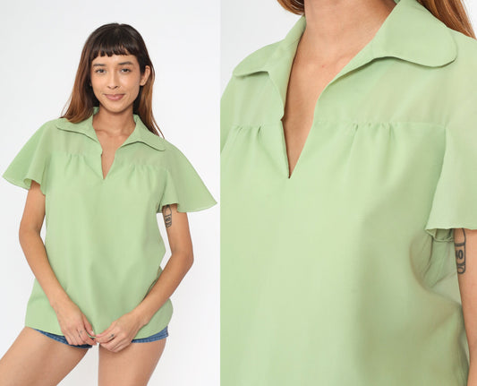 70s Light Green Flutter Sleeve Blouse V-Neck Collared Top Medium