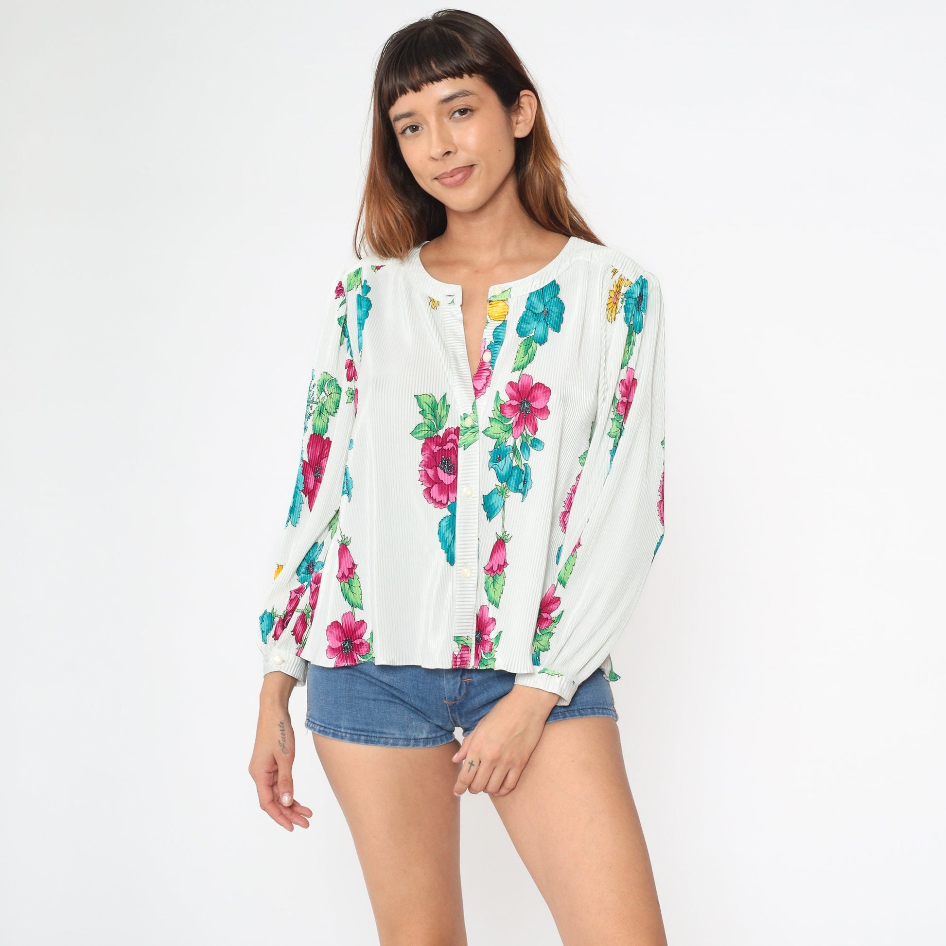 80s White Floral Button-Up Blouse Knife Pleated Puff Sleeve Large L