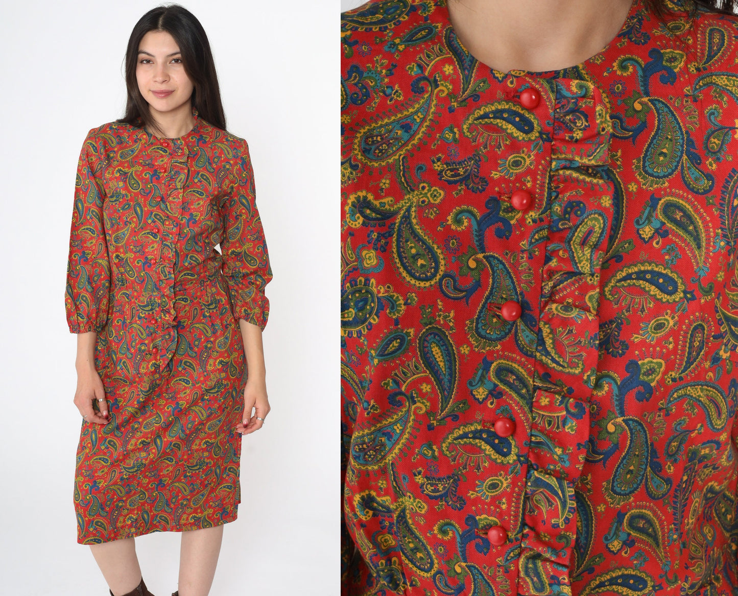 60s Paisley Button-Up Midi Dress Red Ruffle Front High Waist Small