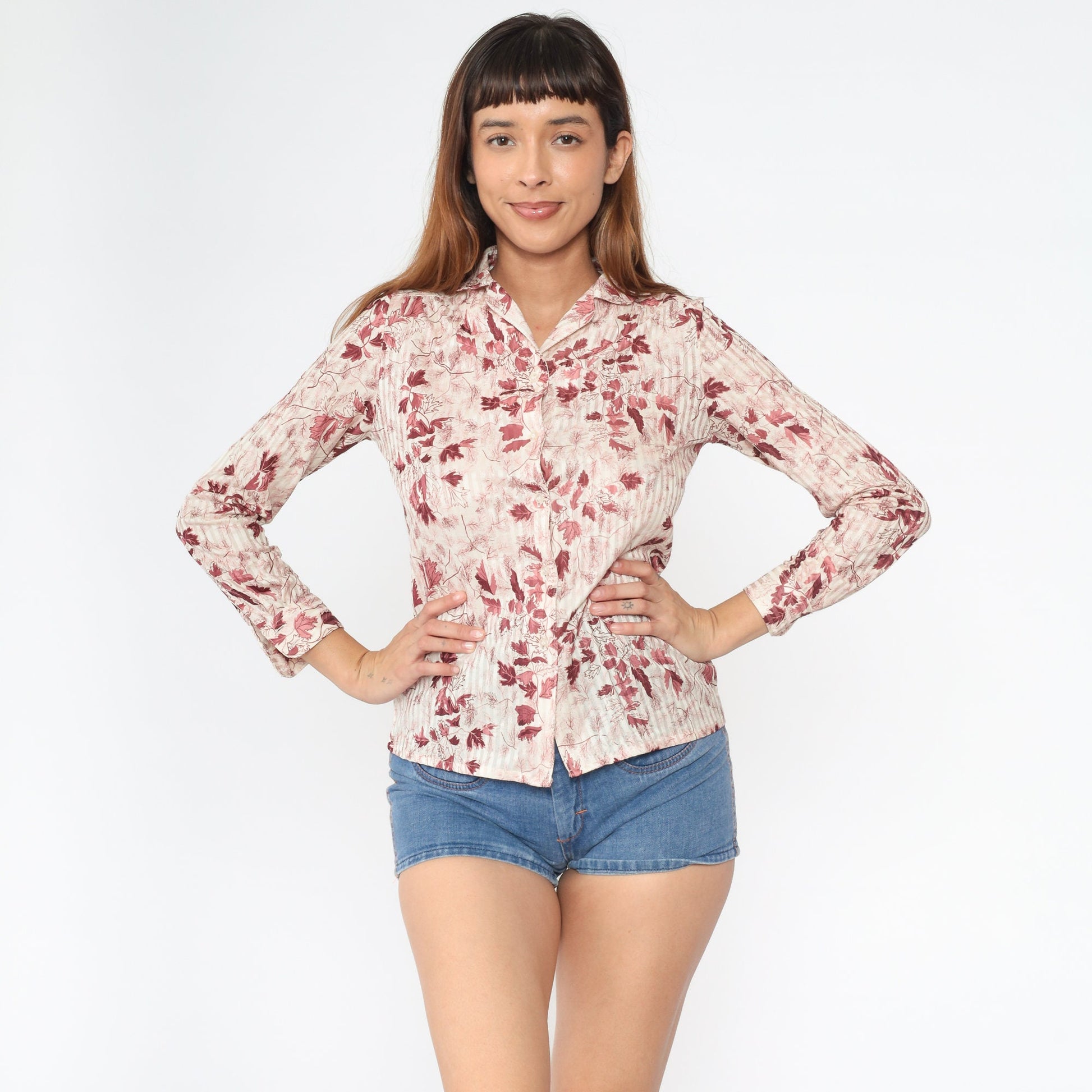 70s Leaf Print Button-Up Blouse Burgundy Pink Cream Long Sleeve Small