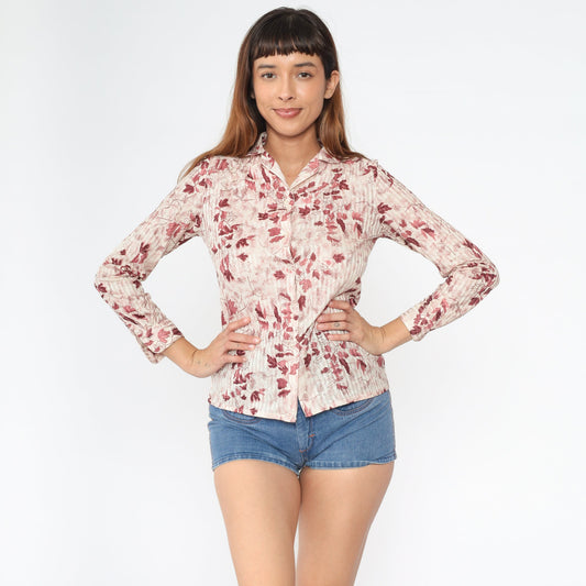 70s Leaf Print Button-Up Blouse Burgundy Pink Cream Long Sleeve Small