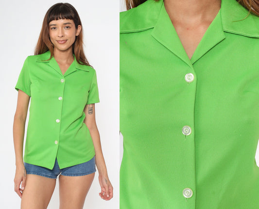 70s Lime Green Button-Up Blouse Short Sleeve Collar Small S