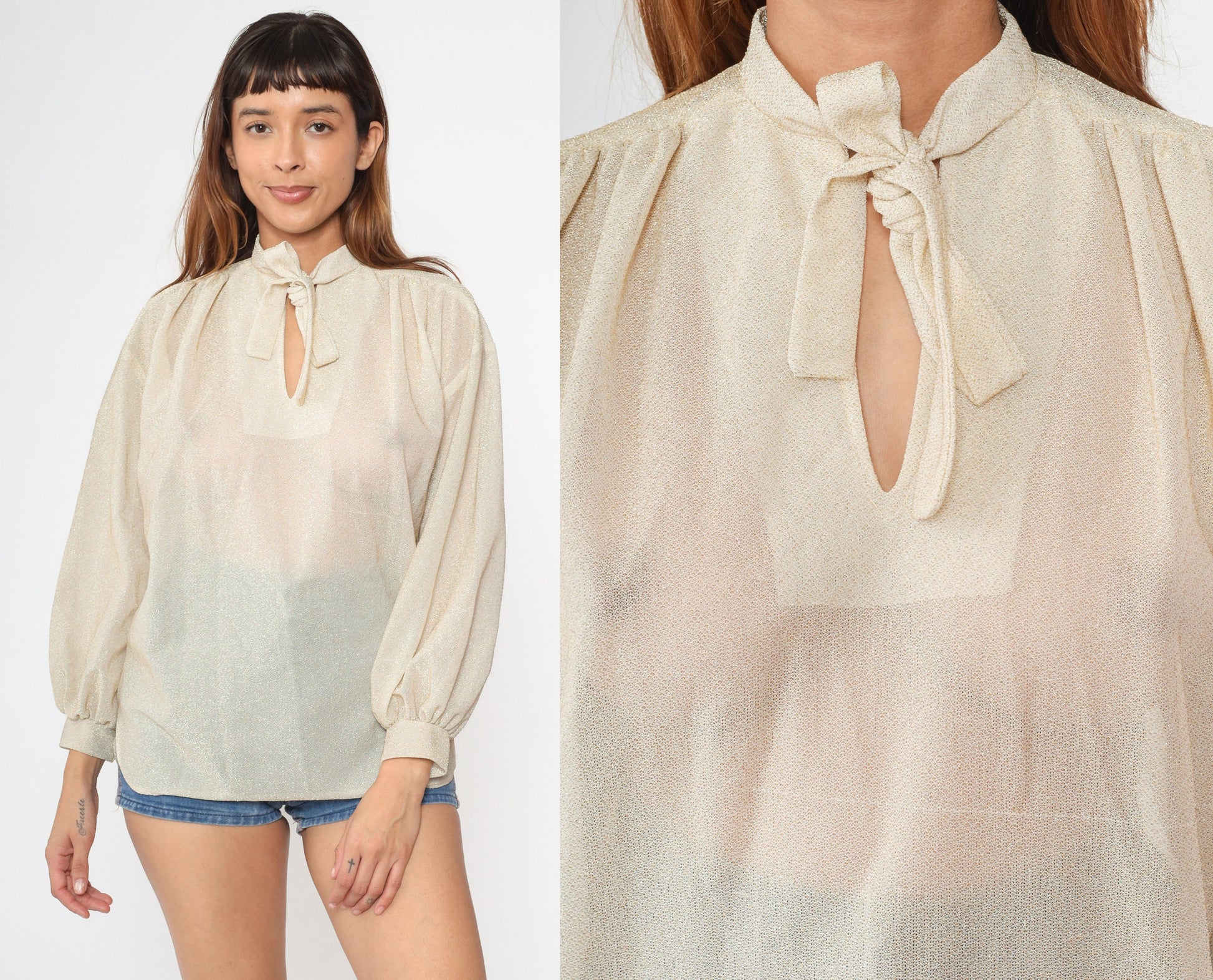 70s Metallic Gold Ascot Bow Blouse Cream Semi-Sheer Long Sleeve Medium
